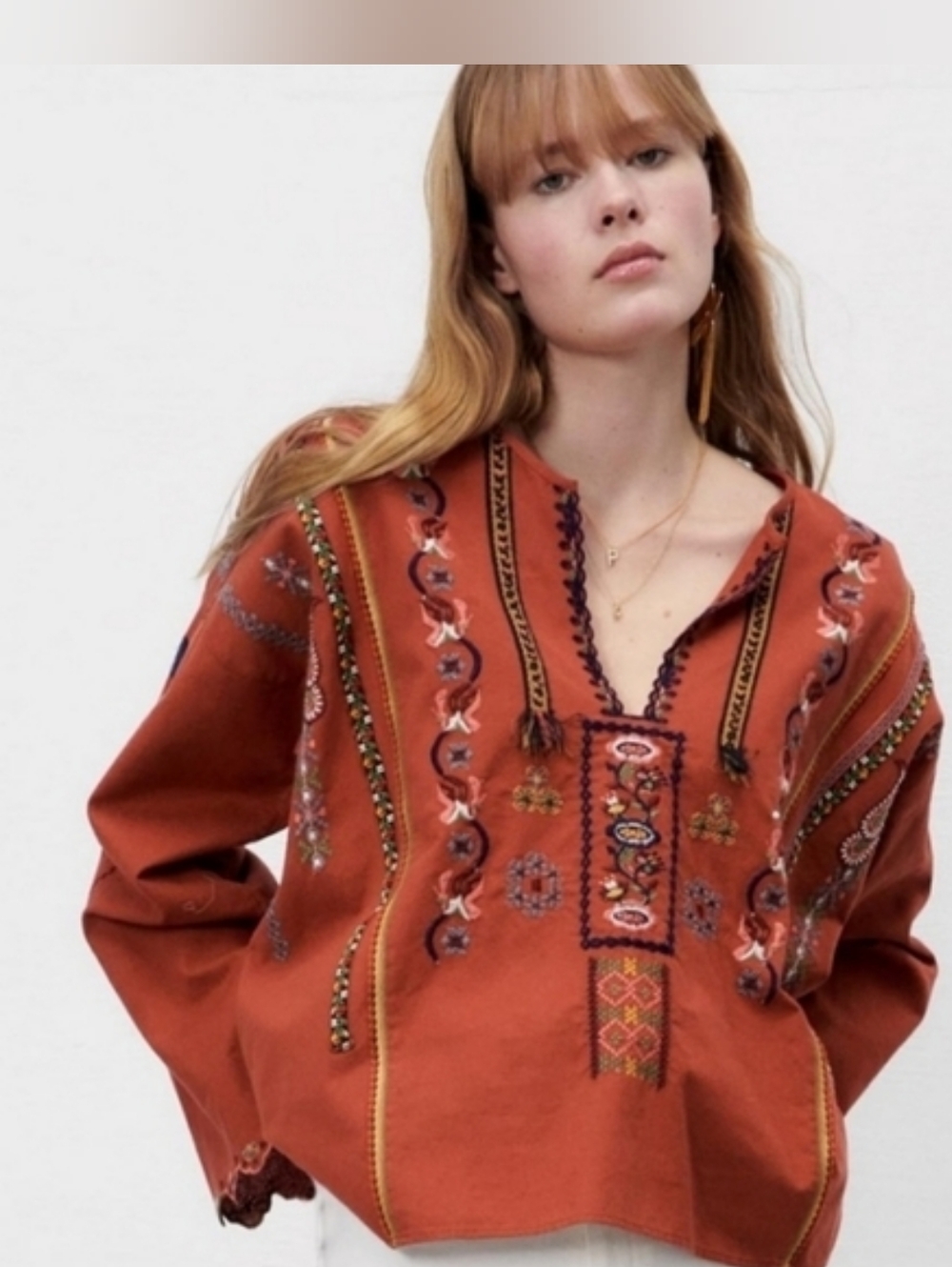 Zara Linen Bkend Burnt Orange Embroidered Tassel Shirt - Picture 3 of 8